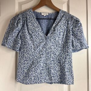 A Loves A Women's Blue Floral Short Sleeve V-Neck Top 100% Cotton Size XS